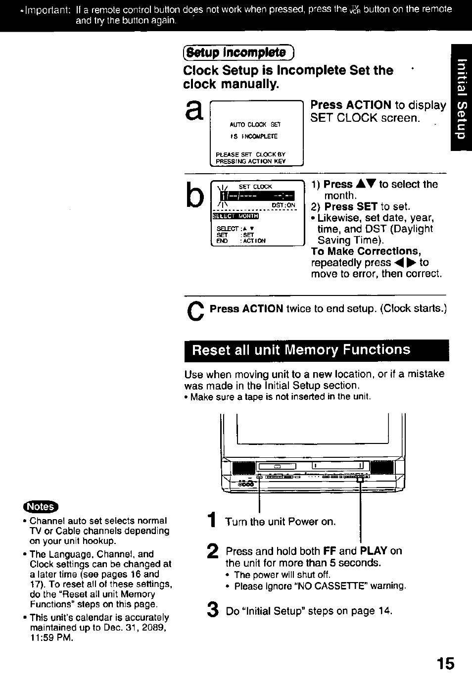 Setup incomplete), Clock setup is incomplete set the clock manually, Press action to display set clock screen | Reset all unit memory functions | Panasonic OMNIVISION PV-DM2791 User Manual | Page 15 / 80