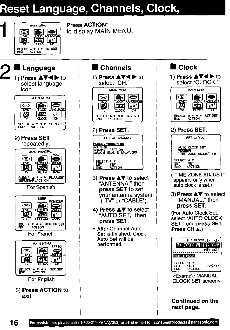 Eset language, channels, clock, Press action, 2) press set | 3) press action to, 1 ) press at-^ ► to | Panasonic OMNIVISION PV-DM2791 User Manual | Page 16 / 80