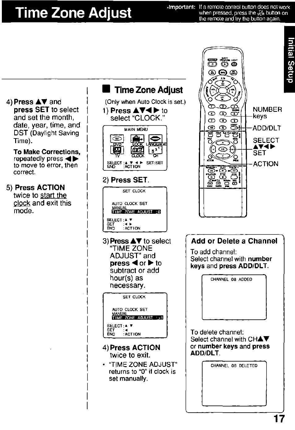 Time zone adjust, 5} press action, M time zone adjust | 1) press at^ ► to, 2) press set, Add or delete a channel, 4) press action, Chat | Panasonic OMNIVISION PV-DM2791 User Manual | Page 17 / 80