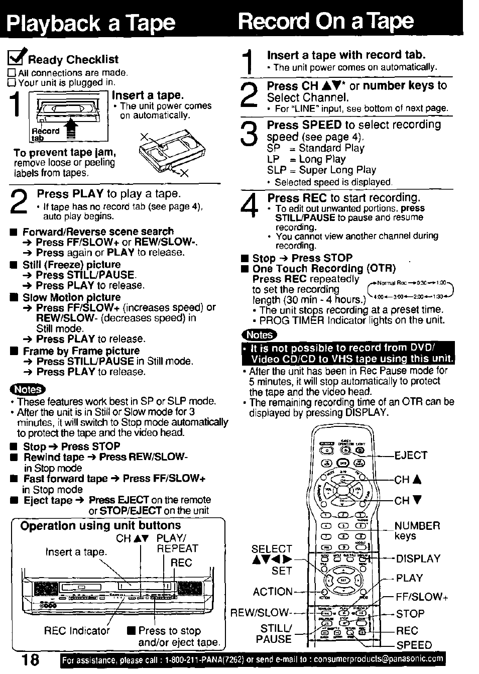 Playback a tape record on a tape, Ready checklist, T insert a tape | Insert a tape with record tab, Press ch ay* or number keys to | Panasonic OMNIVISION PV-DM2791 User Manual | Page 18 / 80