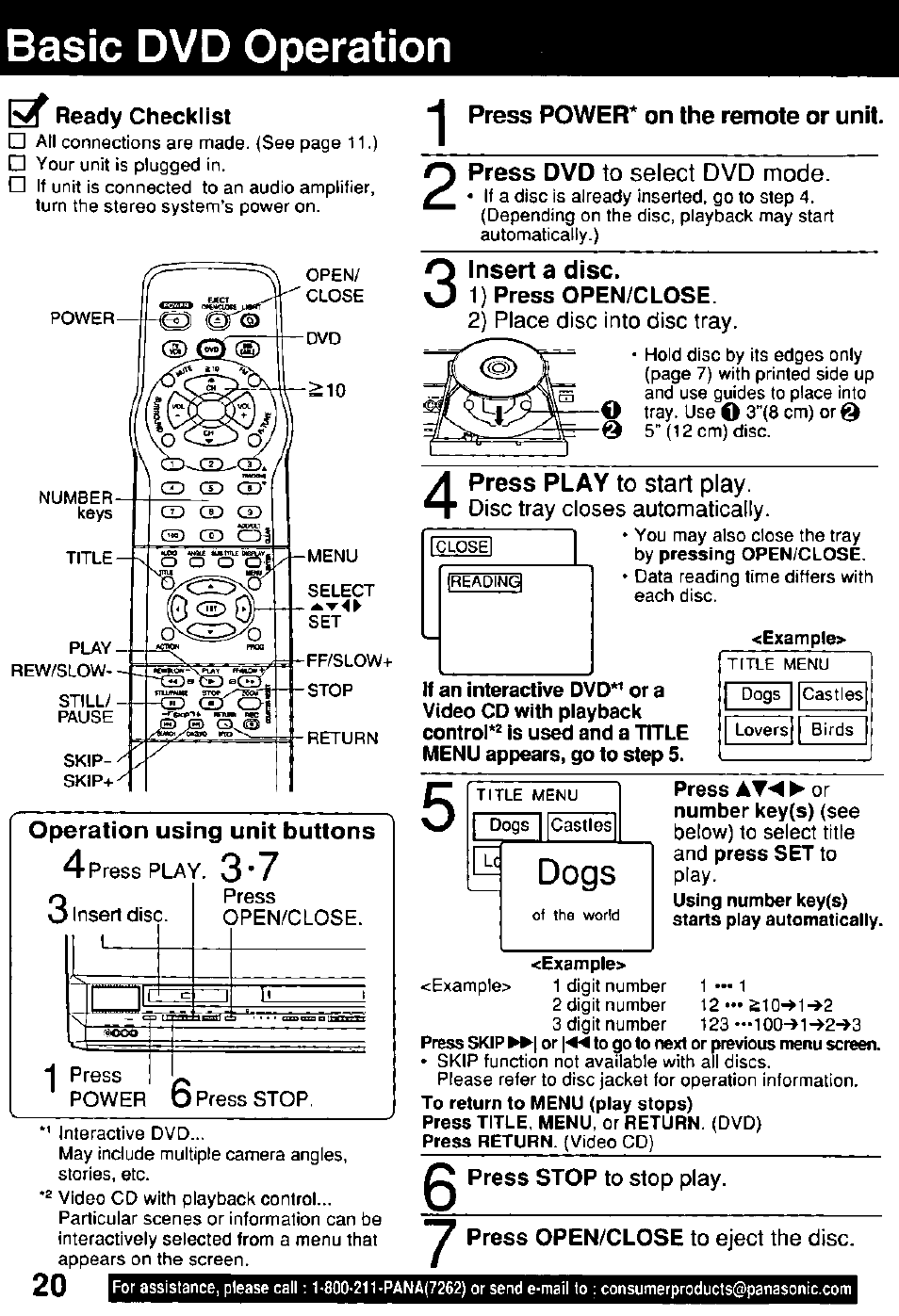 Basic dvd operation, Ready checklist, Press power* on the remote or unit | Insert a disc, 1) press open/close, 2) place disc into disc tray, Disc tray closes automatically, Press stop to stop play, Press open/close to eject the disc, Dogs | Panasonic OMNIVISION PV-DM2791 User Manual | Page 20 / 80