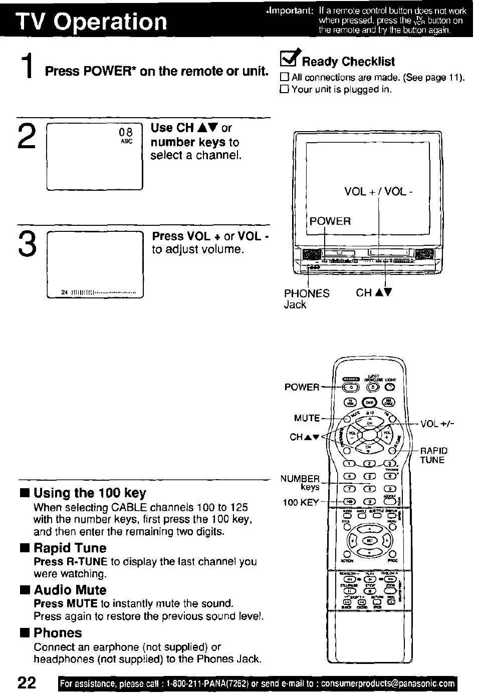 Tv operation, Ss ready checklist, Use ch or number keys to | Select a channel, Press vol + or vol, To adjust volume, Using the 100 key, Rapid tune, Audio mute, Phones | Panasonic OMNIVISION PV-DM2791 User Manual | Page 22 / 80