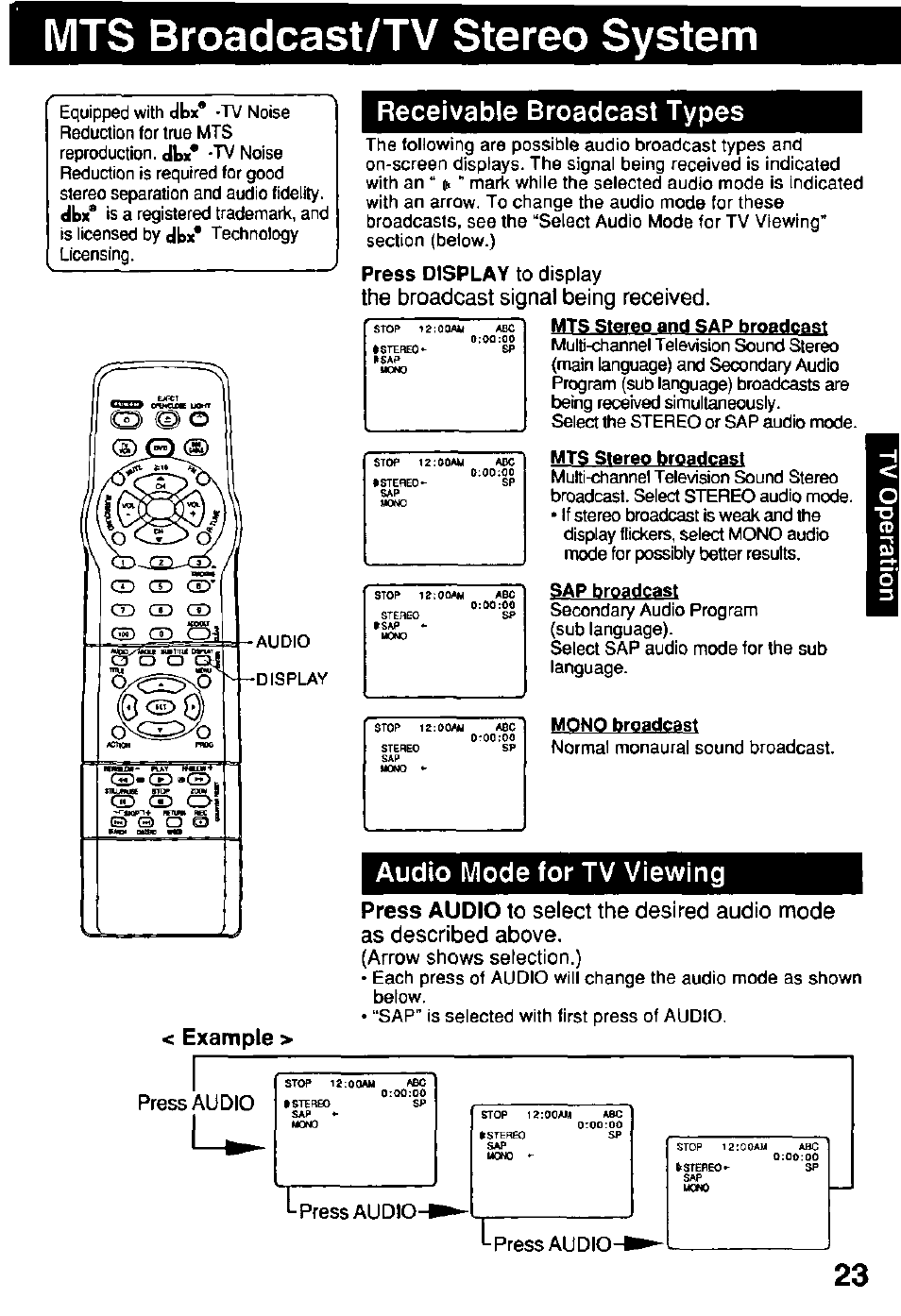 Mts broadcast/tv stereo system, Example, Receivable broadcast types | Press display to display, The broadcast signal being received, Audio mode for tv viewing, Mts broadcast / tv stereo system, Example > receivable broadcast types | Panasonic OMNIVISION PV-DM2791 User Manual | Page 23 / 80