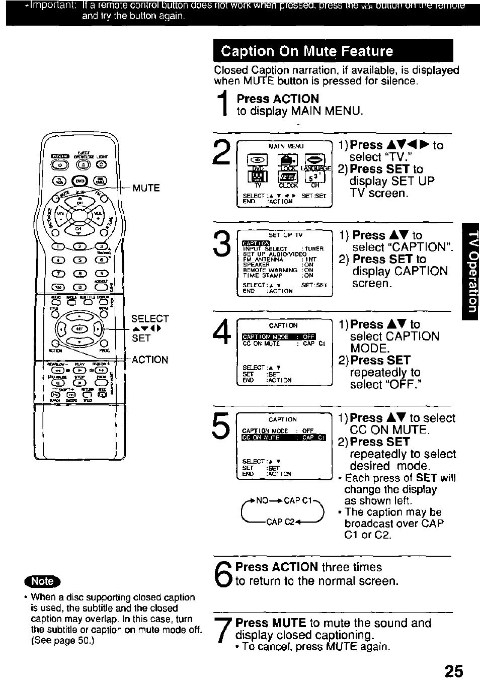 Caption on mute feature, Press action, 1) press afoto | 2) press set to, 2) press set | Panasonic OMNIVISION PV-DM2791 User Manual | Page 25 / 80