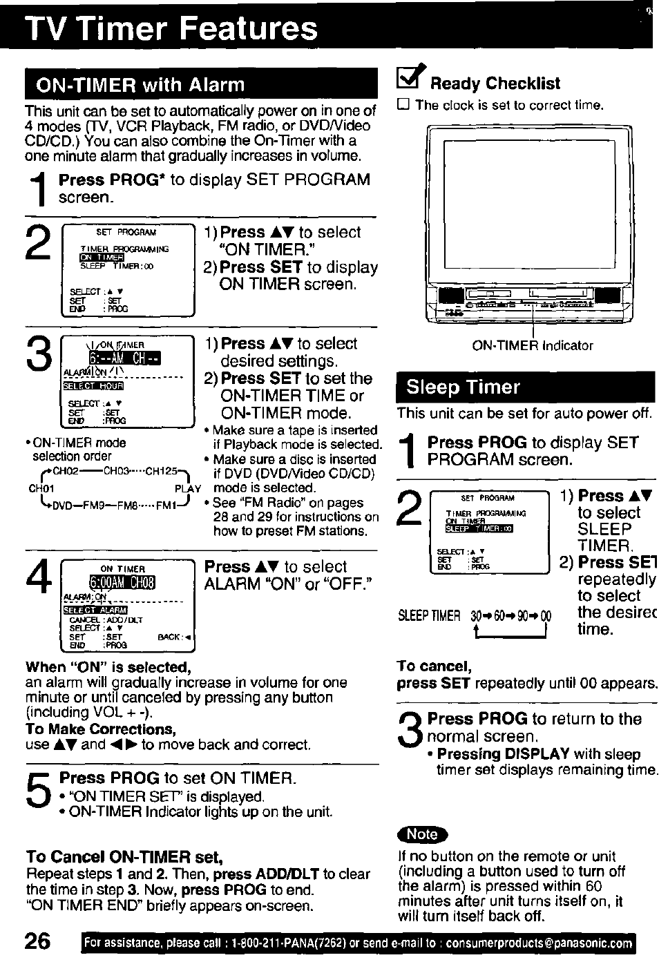 Tv timer features, On-timer with alarm, To cancel on-timer set | Ready checklist, Sleep timer, 1 ) press at, 2) press set | Panasonic OMNIVISION PV-DM2791 User Manual | Page 26 / 80