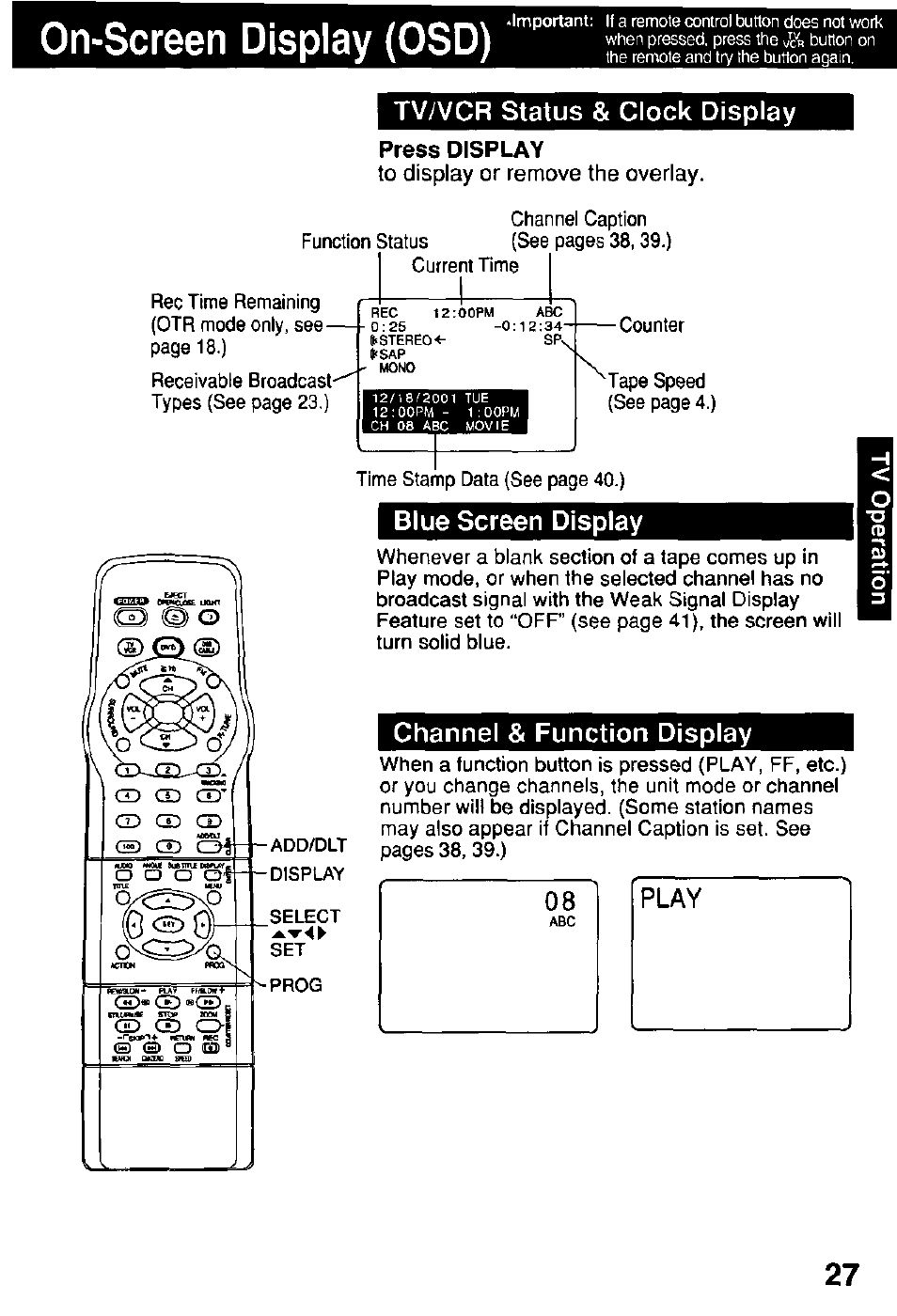 Tv/vcr status & clock display, Press display, To display or remove the overlay | Blue screen display, Channel & function display, On-scrggn d, Osd), Sd 3v | Panasonic OMNIVISION PV-DM2791 User Manual | Page 27 / 80