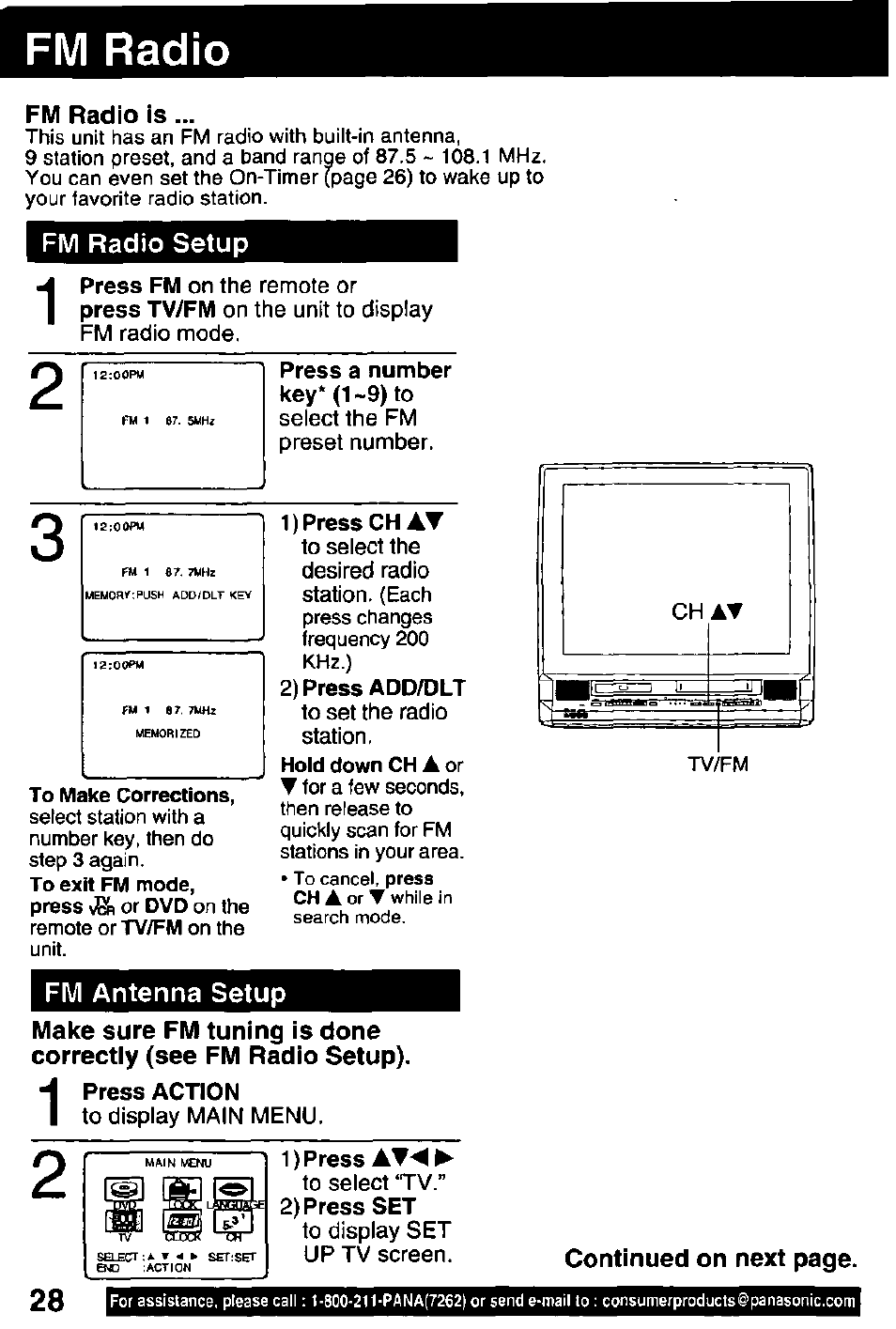 Fm radio, Fm radio is, Fm radio setup | Press a number key* (1 -9) to, 1) press chat, 2) press add/dlt, Fm antenna setup, 1) press at, 2) press set | Panasonic OMNIVISION PV-DM2791 User Manual | Page 28 / 80