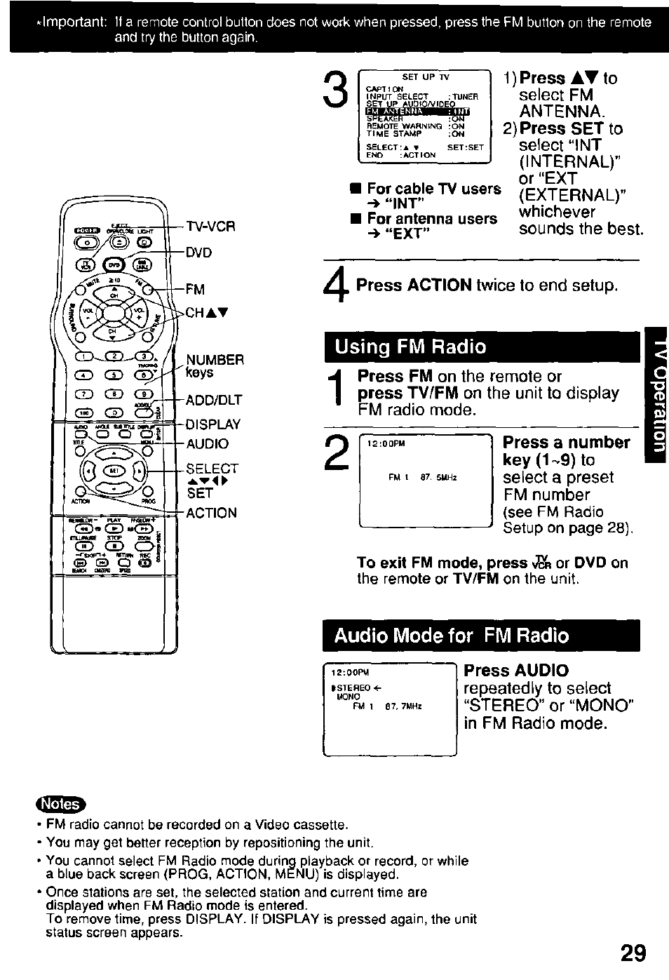 For cable tv users “int, For antenna users “ext, Using fm radio | Press a number key (1 -9) to, To exit fm mode, press ^ or dvd on, Audio mode for fm radio, Press audio | Panasonic OMNIVISION PV-DM2791 User Manual | Page 29 / 80