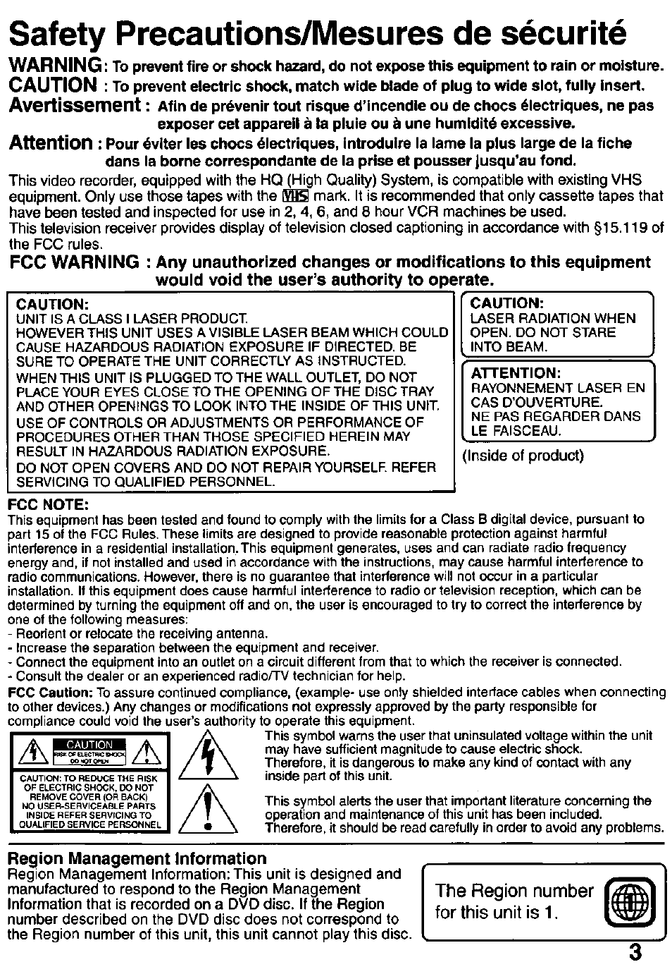 Safety precautions/mesures de sécurité, Region management information, The region number for this unit is 1 | Panasonic OMNIVISION PV-DM2791 User Manual | Page 3 / 80