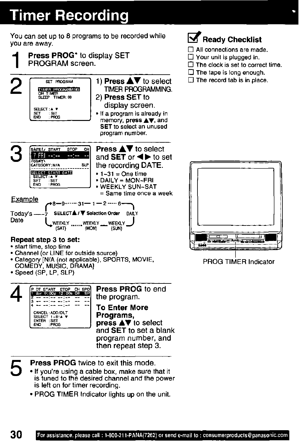 Timer recording, 2) press set to, Example | Repeat step 3 to set, R ready checklist, Press prog to end, Timer recording , 31 | Panasonic OMNIVISION PV-DM2791 User Manual | Page 30 / 80