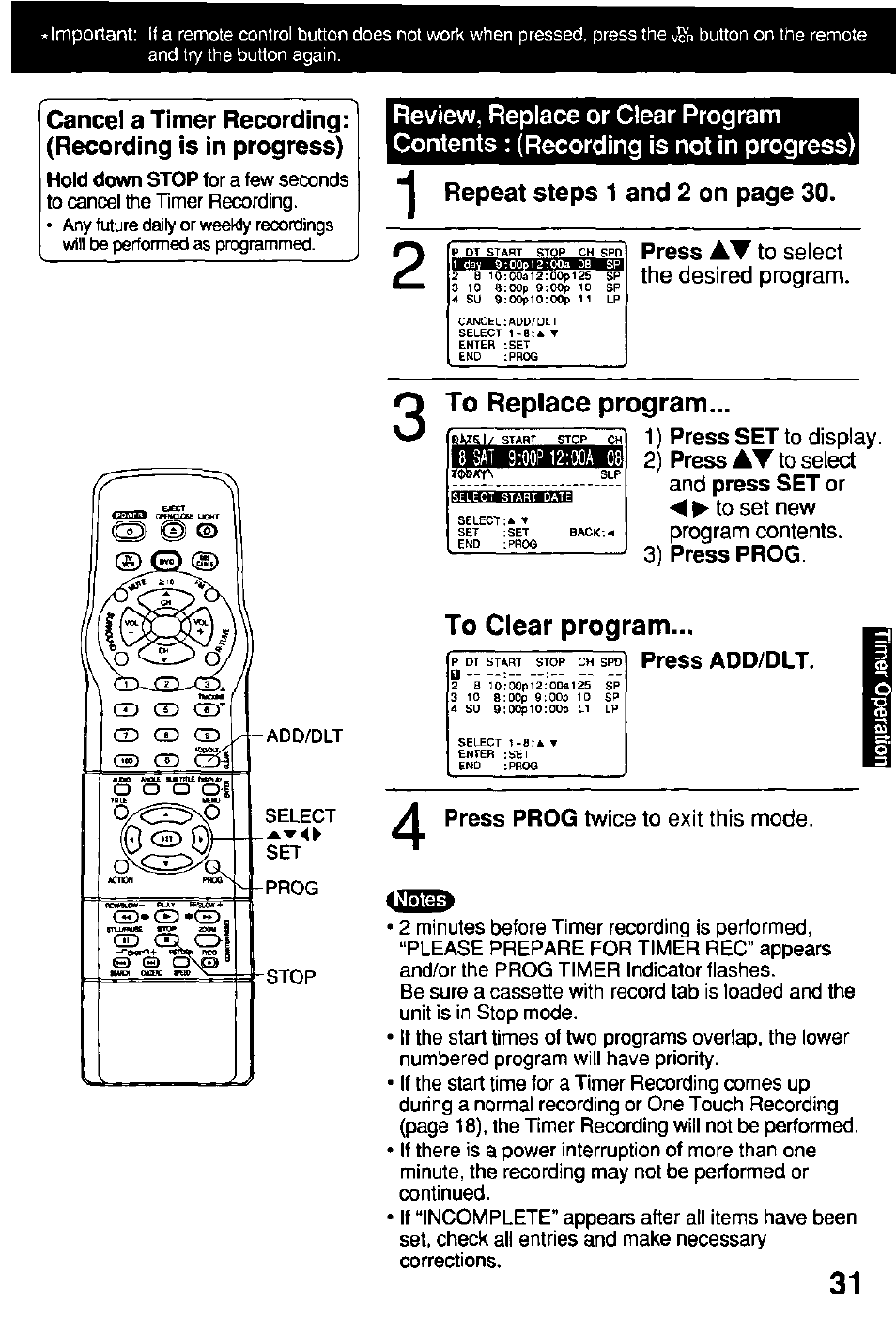 To replace program, 3) press prog, To clear program | Press add/dlt, Press, 1) press set to display. 2) press, Press prog twice to exit this mode | Panasonic OMNIVISION PV-DM2791 User Manual | Page 31 / 80