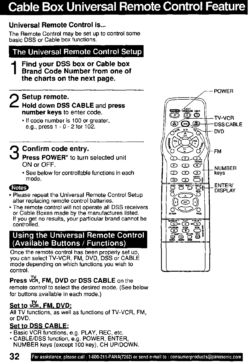 Cable box universal remote control feature, Universal remote control is, The universal remote control setup | Setup remote, Press power* to turn selected unit on or off, Press vot, fm, dvd or dss cable on the, Settovbfl.fm. dvd, Set to dss cable | Panasonic OMNIVISION PV-DM2791 User Manual | Page 32 / 80