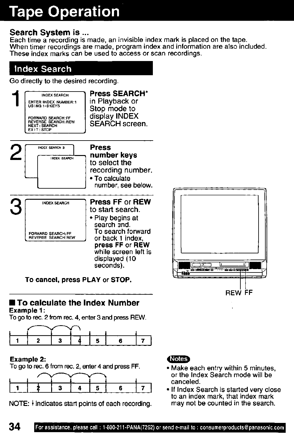 Search system is, Index search, Press search | Press, Number keys, Press ff or rew, To calculate the index number, Tape operation | Panasonic OMNIVISION PV-DM2791 User Manual | Page 34 / 80