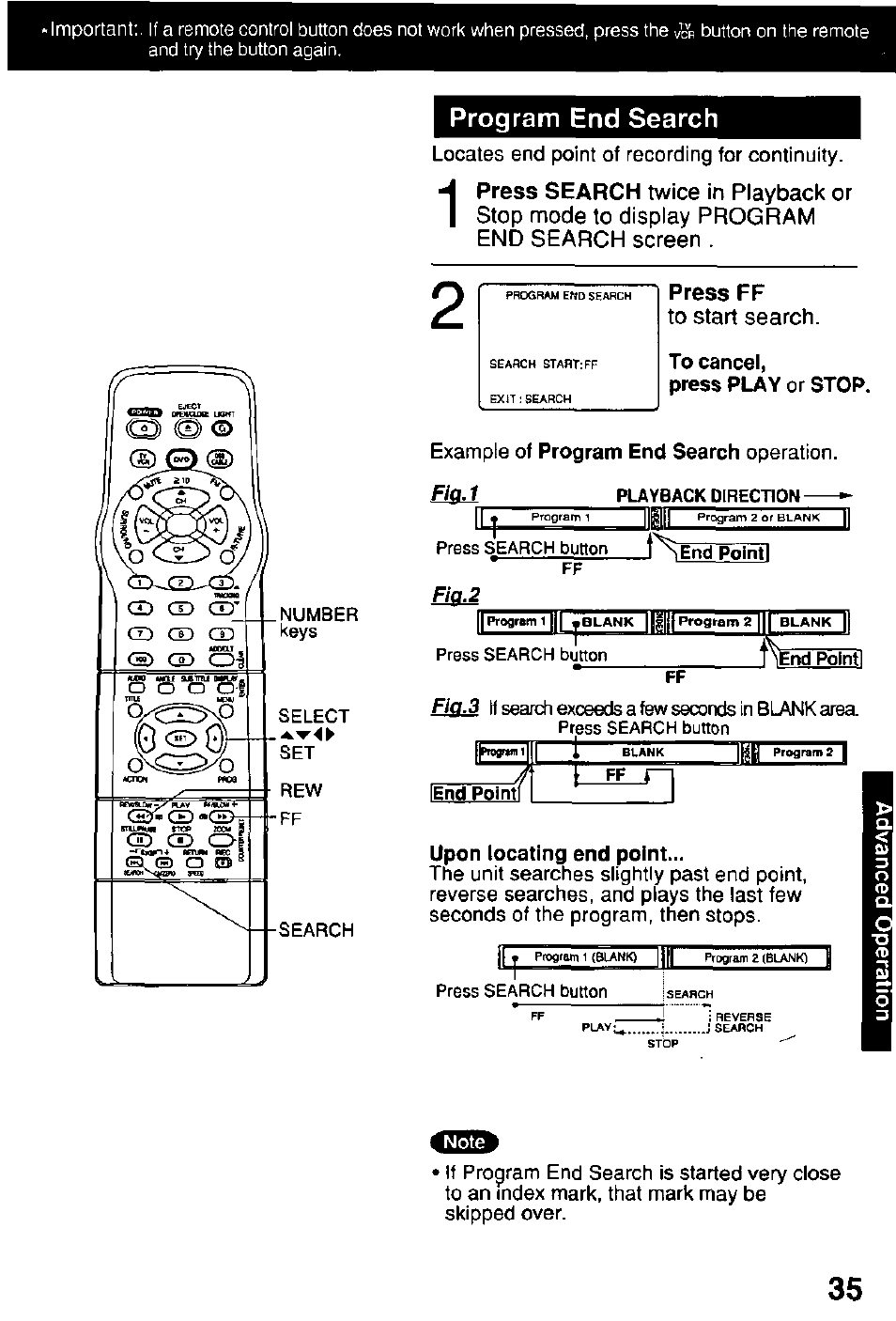 Program end search, Press ff, To start search | Ftp. 2 | Panasonic OMNIVISION PV-DM2791 User Manual | Page 35 / 80