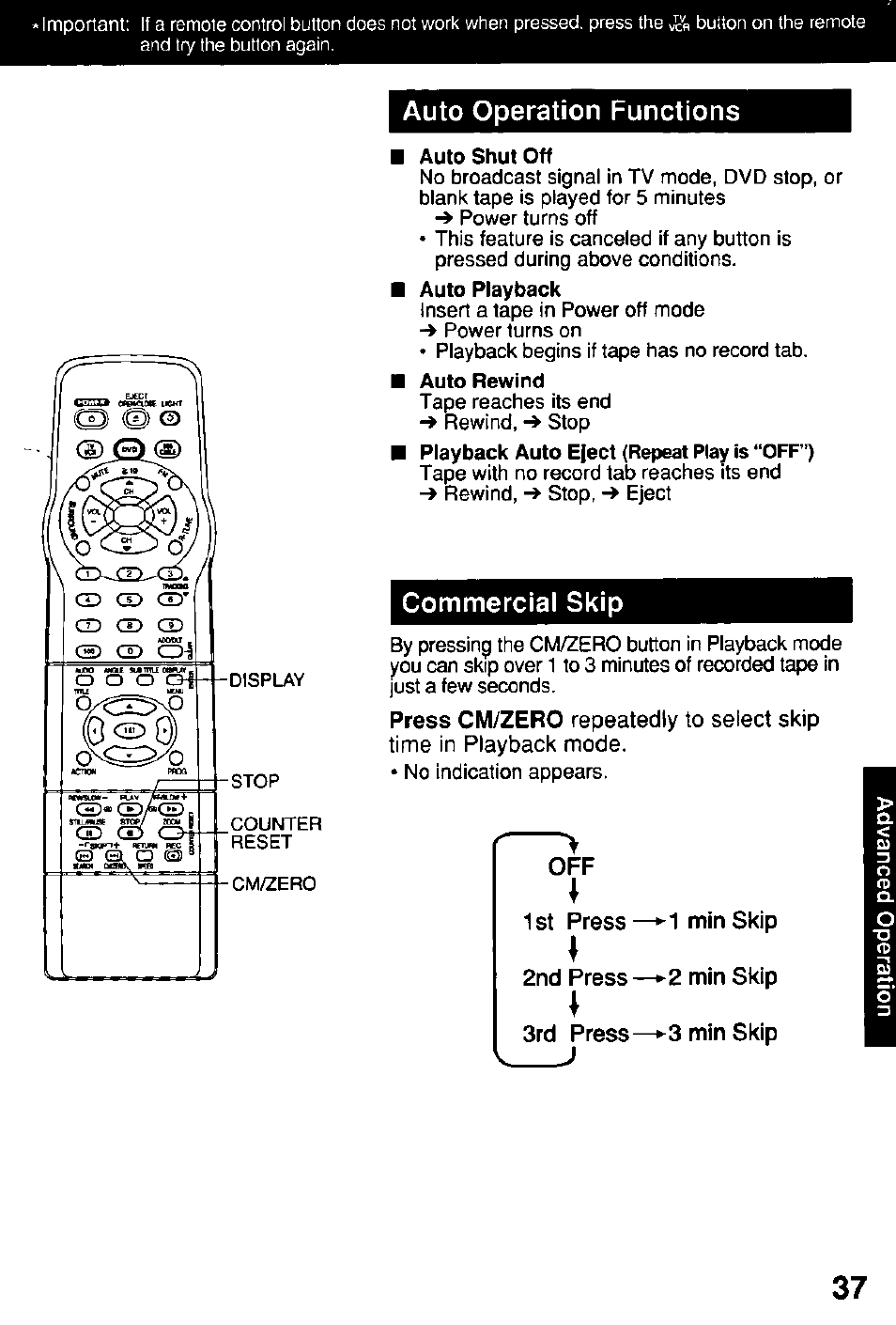 Auto operation functions, Auto shut off, Commercial skip | 1st press, 2nd press, 3rd press—►s min skip ) | Panasonic OMNIVISION PV-DM2791 User Manual | Page 37 / 80