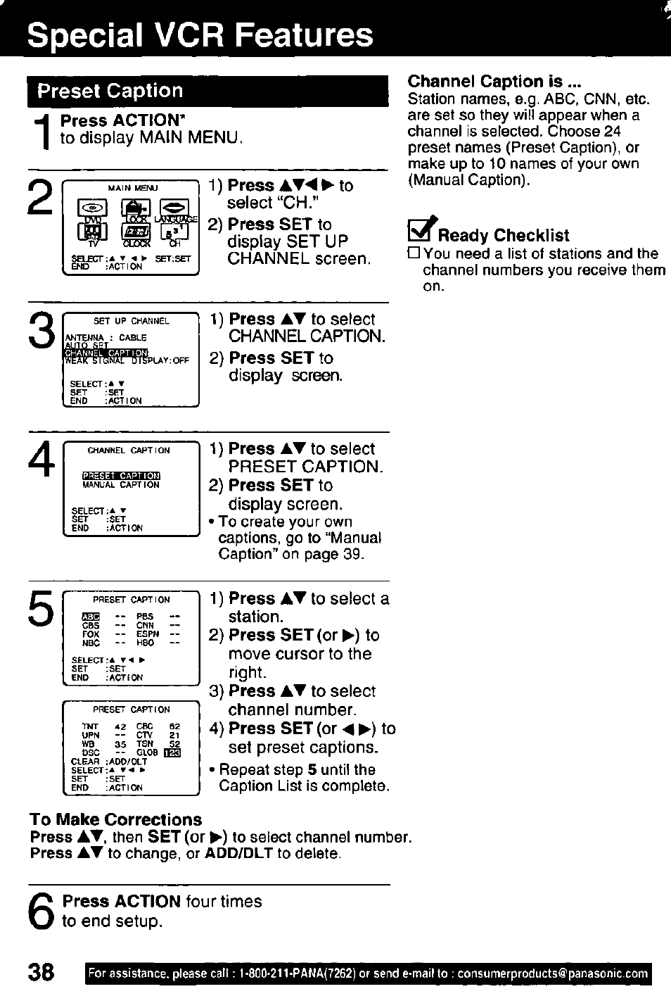 Special vcr features, Preset caption, Press action | Channel caption is, Ready checklist, To make corrections, Special vcr features 8 - 4 1, Press action* to display main menu, 1) press, Press action four times to end setup | Panasonic OMNIVISION PV-DM2791 User Manual | Page 38 / 80