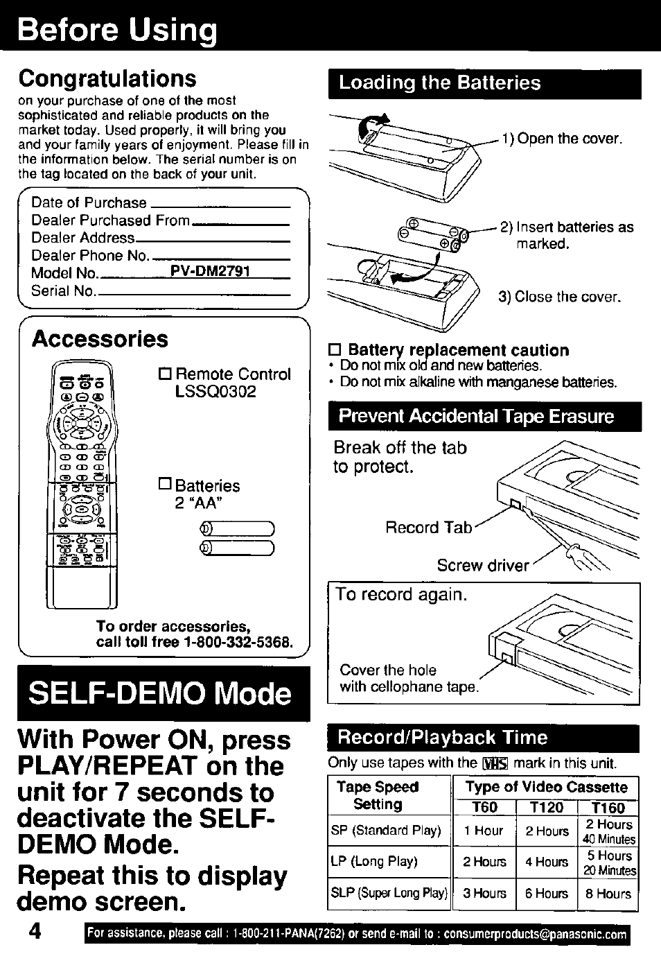 Before using, Loading the batteries, Remote control lssq0302 | Batteries 2 “aa, Battery replacement caution, Prevent accidentai tape erasure, Record tab, Screw driver, Record/playback time, Self-demo mode | Panasonic OMNIVISION PV-DM2791 User Manual | Page 4 / 80