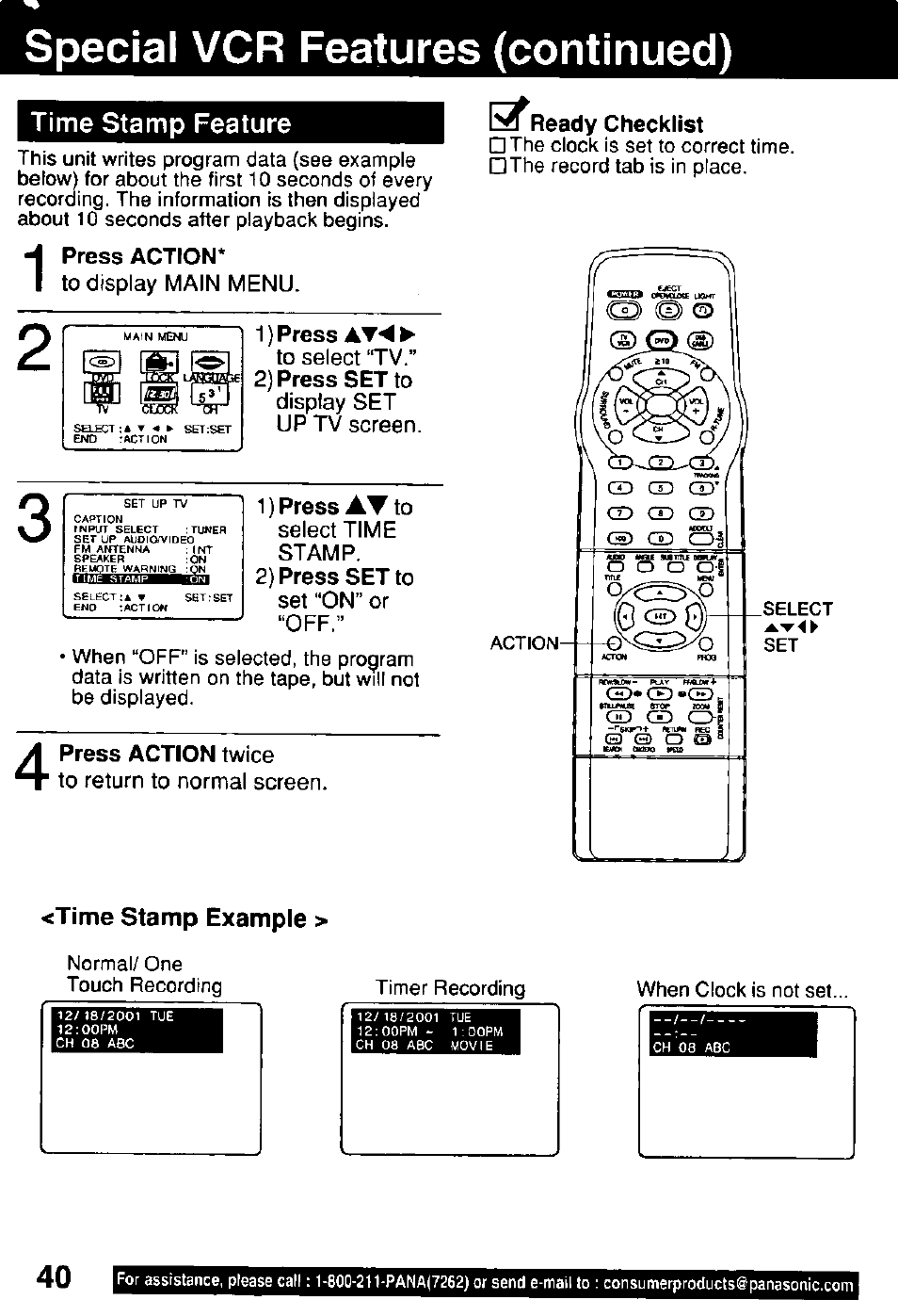 Special vcr features (continued), Time stamp feature, Press action | 1) press at, Ready checklist, Time stamp example | Panasonic OMNIVISION PV-DM2791 User Manual | Page 40 / 80