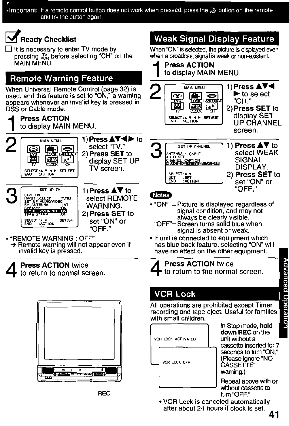 Ix^readv checklist, Remote warning feature, Press action | 2) press set to, Weak signal display feature, 1) press atm, Vcr lock | Panasonic OMNIVISION PV-DM2791 User Manual | Page 41 / 80