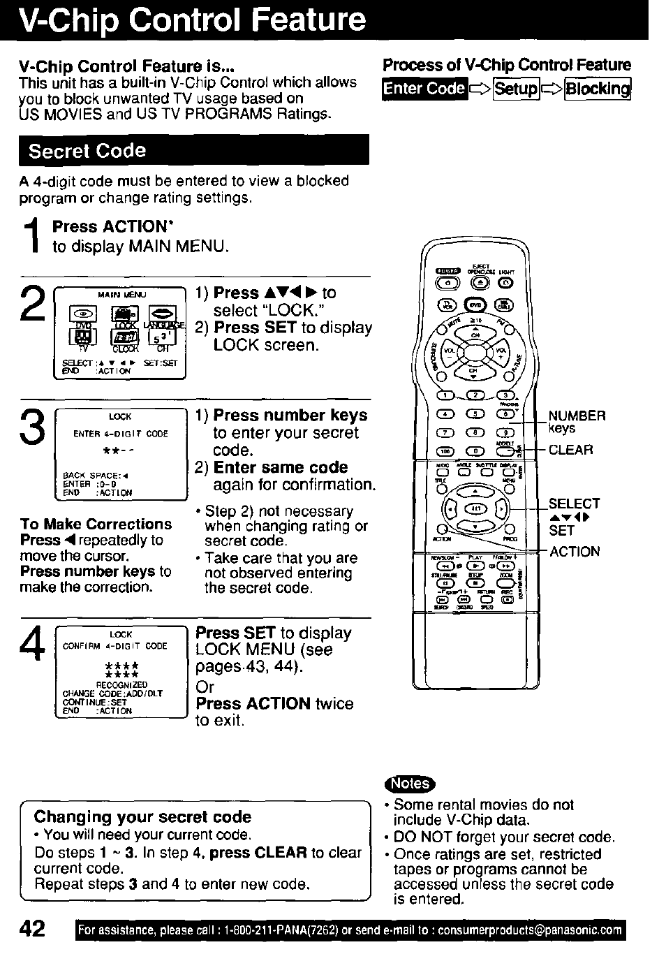 V-chip control feature, V-chip control feature is, Secret code | 1) press ► to, 1) press number keys, 2) enter same code, Process of v-chip control feature, I=> setup o blocking | Panasonic OMNIVISION PV-DM2791 User Manual | Page 42 / 80