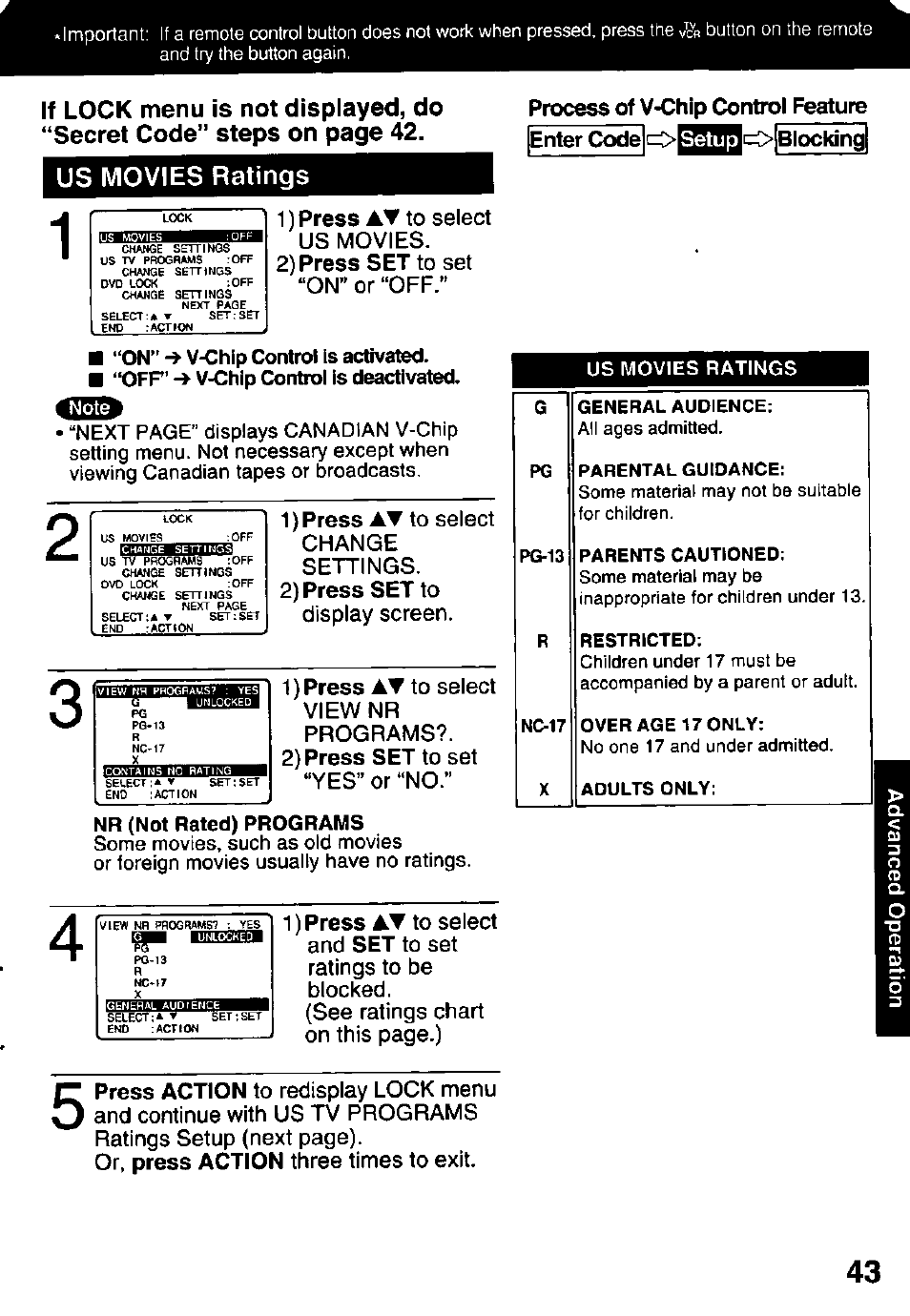 Us movies ratings, Nr (not rated) programs | Panasonic OMNIVISION PV-DM2791 User Manual | Page 43 / 80