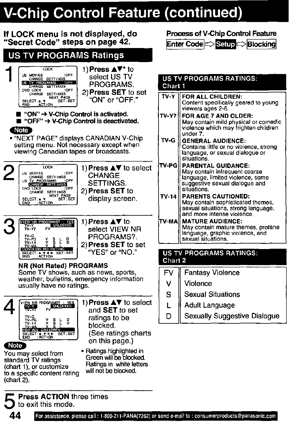 V-chip control feature (continued), Us tv programs ratings, Tv programs ratings | Press action three times to exit this mode | Panasonic OMNIVISION PV-DM2791 User Manual | Page 44 / 80