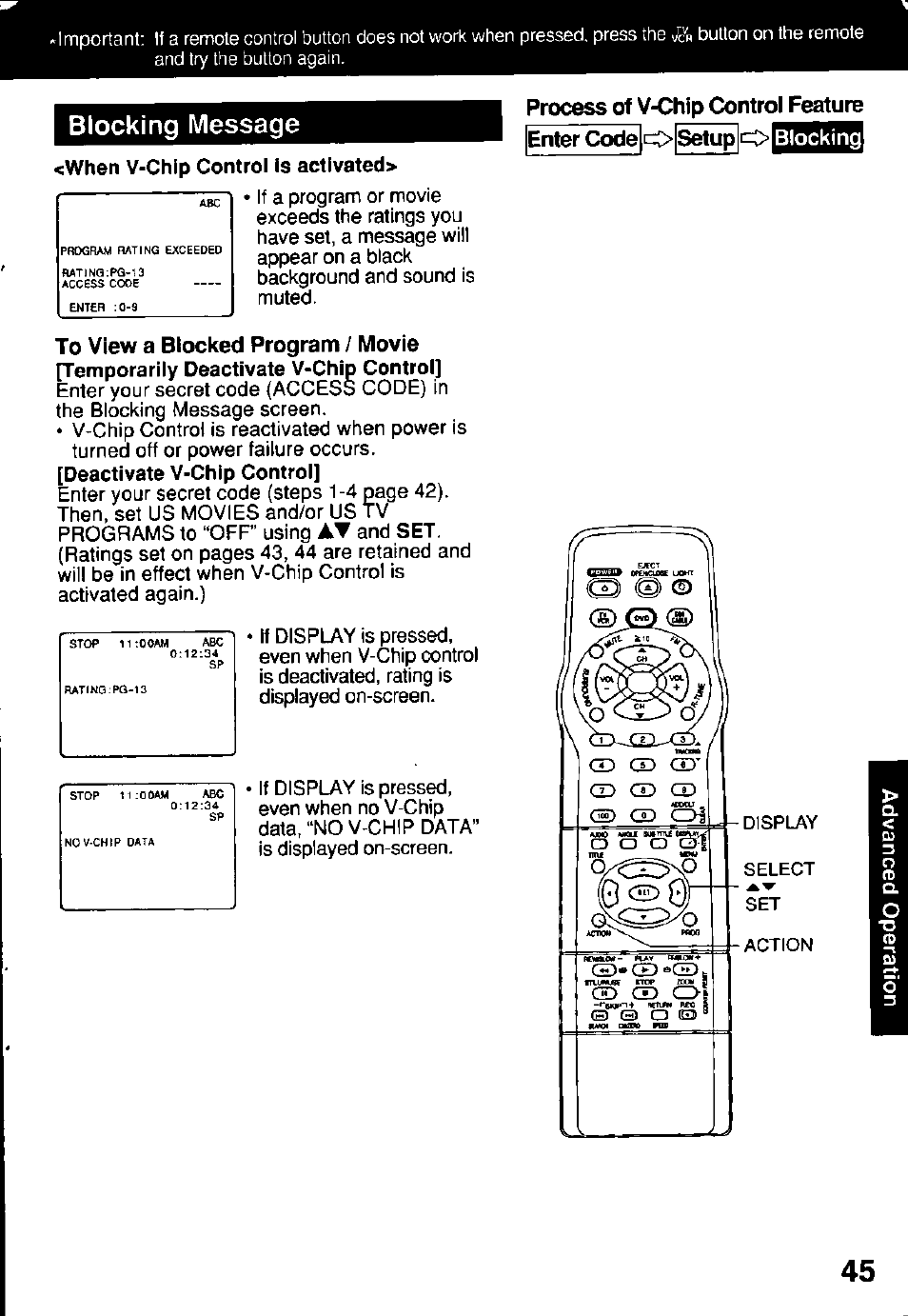 Blocking message, When v-chip control is activated, Process of v-chip control feature | Enter code o setup o | Panasonic OMNIVISION PV-DM2791 User Manual | Page 45 / 80