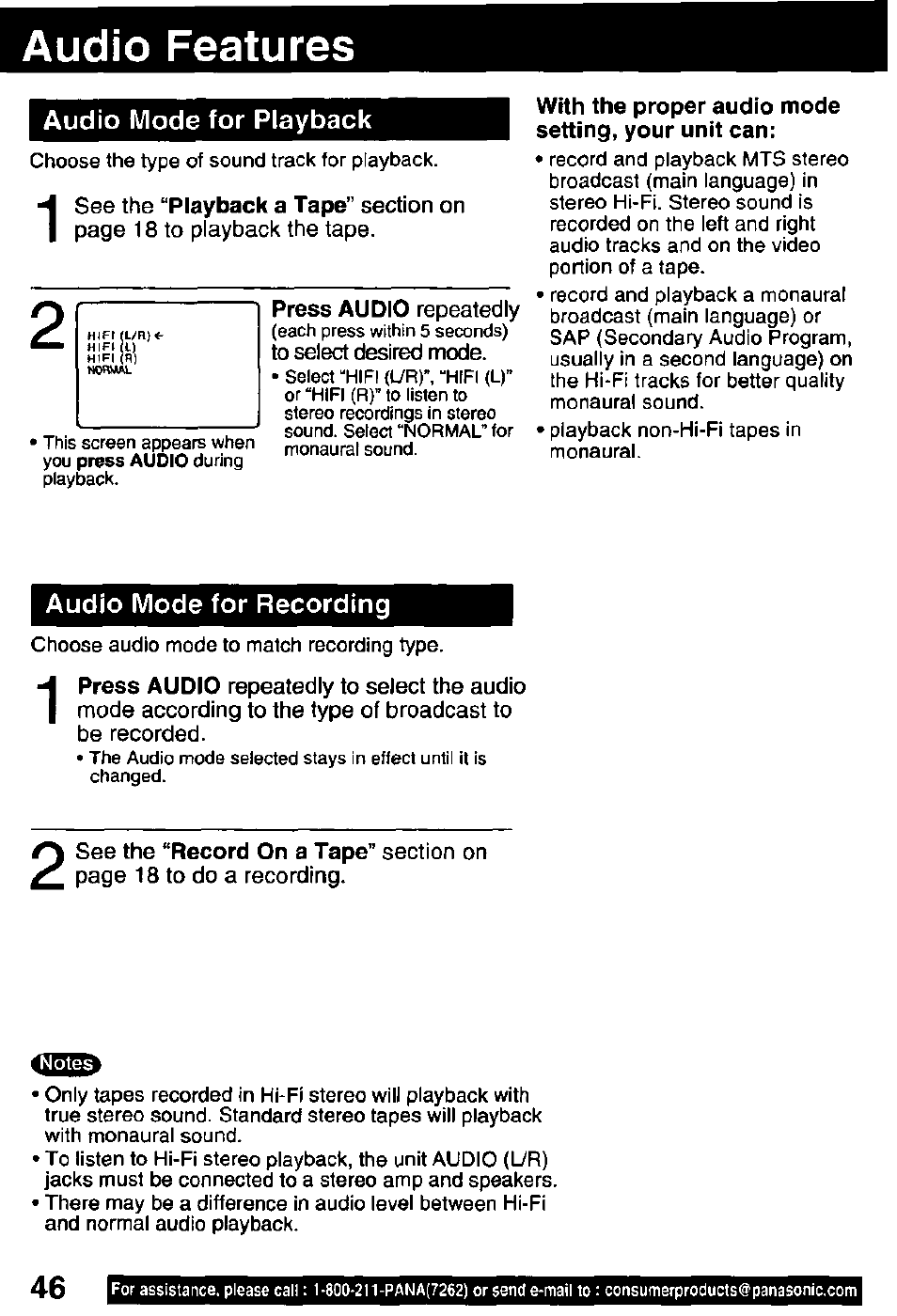 Audio mode for playback, With the proper audio mode, Setting, your unit can | Audio mode for recording, Audio features | Panasonic OMNIVISION PV-DM2791 User Manual | Page 46 / 80