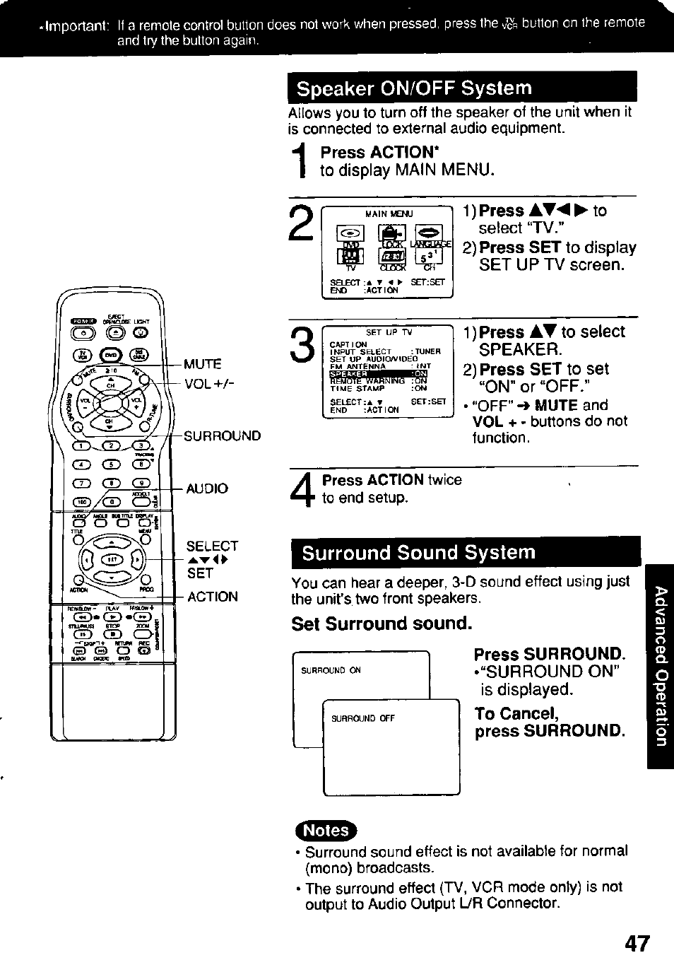 Speaker on/off system, To display main menu, 1) press ► to select “tv | 2) press set to display set up tv screen, 1) press at to select speaker, 2) press set to set, On” or “off, Surround sound system, Set surround sound, Press surround | Panasonic OMNIVISION PV-DM2791 User Manual | Page 47 / 80