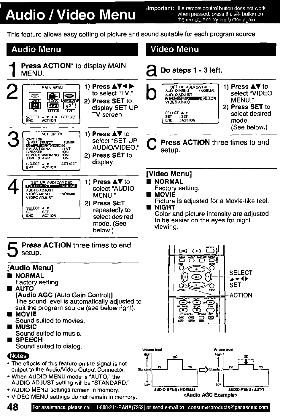 Press action three times to end setup, Video menu, Audio/video menu | Panasonic OMNIVISION PV-DM2791 User Manual | Page 48 / 80