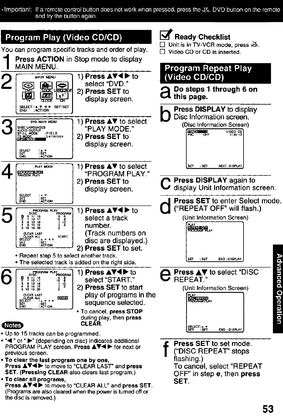 Program play (video cd/cd), 1) press at^ ► to, 1) press ► to | Ready checklist, Program repeat play (video cd/cd), 1) press awm ► to | Panasonic OMNIVISION PV-DM2791 User Manual | Page 53 / 80