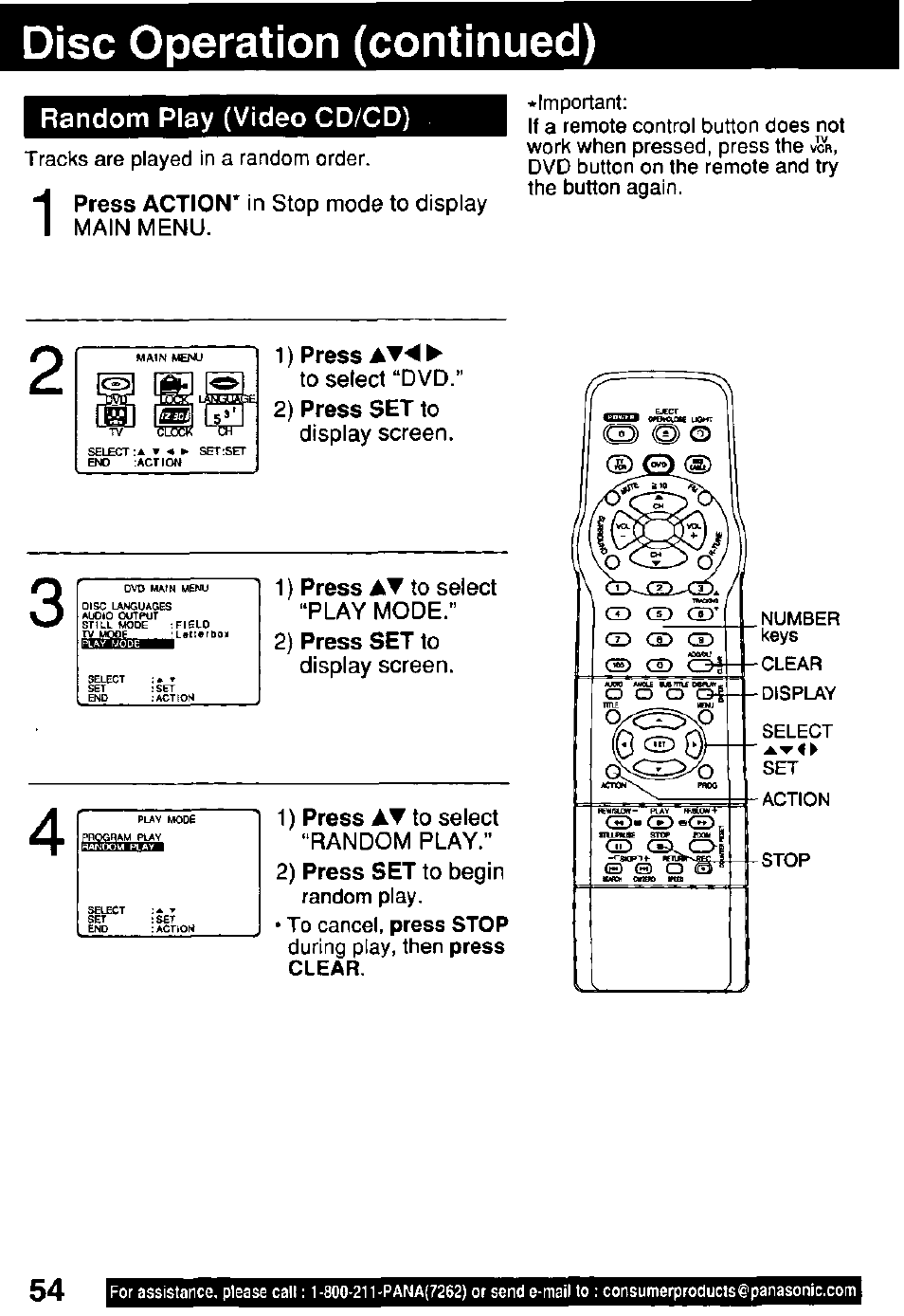 Random play (video cd/cd), Press action* in stop mode to display main menu, 1) press | To select “dvd, 2) press set to, Display screen, 1) press at to select “play mode, 1) press at to select "random play, 2) press set to begin, Disc operation (continued) | Panasonic OMNIVISION PV-DM2791 User Manual | Page 54 / 80