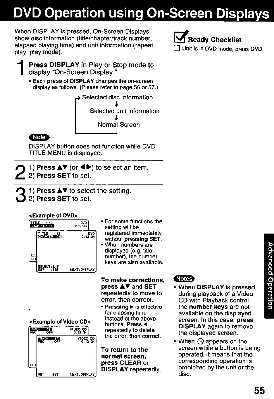 Dvd operation using on-screen displays, 1) press av {or ◄ ►) to select an item, 2) press set to set | 1) press av to select the setting | Panasonic OMNIVISION PV-DM2791 User Manual | Page 55 / 80