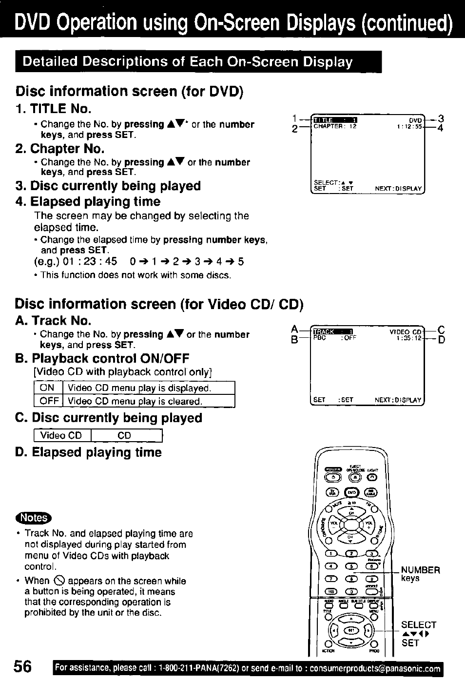 Dvd operation using on-screen displays (continued), Detailed descriptions of each on-screen display, Disc information screen (for dvd) | Title no, Chapter no, Disc currently being played, Elapsed playing time, Disc information screen (for video cd/ cd), A. track no, C. disc currently being played | Panasonic OMNIVISION PV-DM2791 User Manual | Page 56 / 80