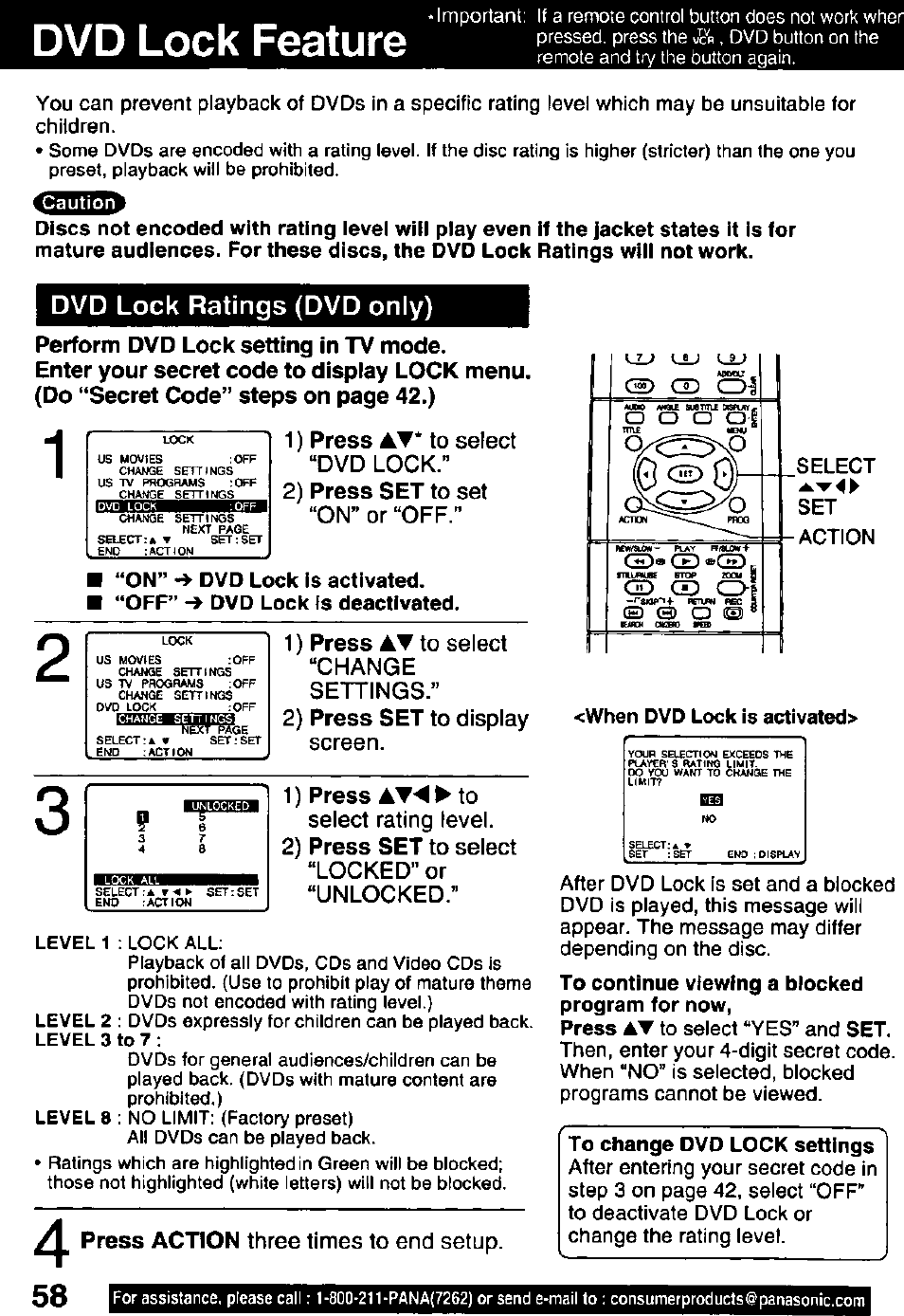 Dvd lock feature, Dvd lock ratings (dvd only), Perform dvd lock setting in tv mode | 1) press aw‘4 ► to, When dvd lock is activated, To continue viewing a blocked program for now, To change dvd lock settings | Panasonic OMNIVISION PV-DM2791 User Manual | Page 58 / 80