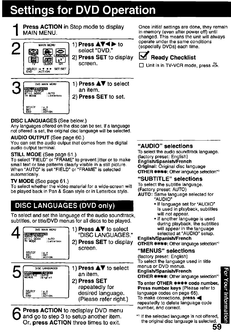 Settings for dvd operation, Disc languages (dvd only), O' ready checklist | Panasonic OMNIVISION PV-DM2791 User Manual | Page 59 / 80