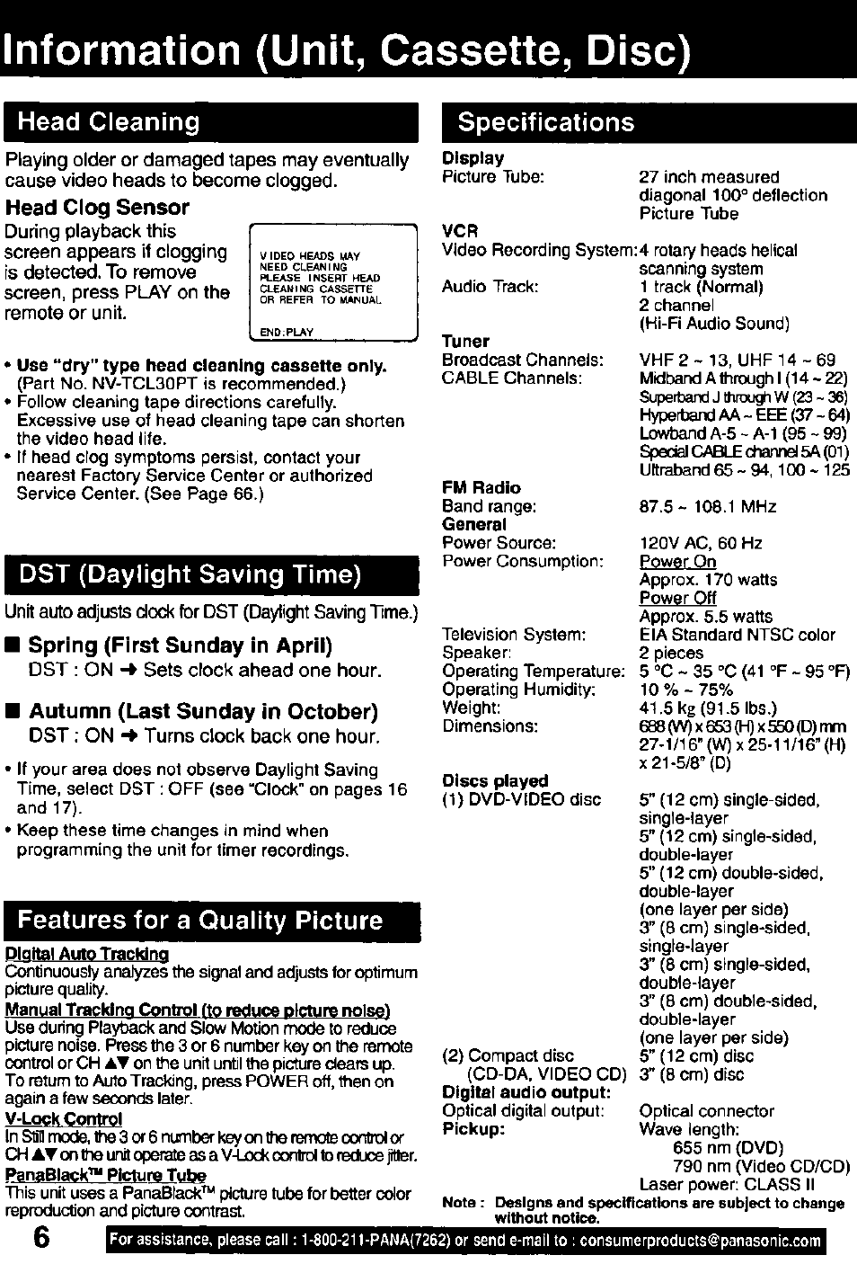 Information (unit, cassette, disc), Head cleaning, Head clog sensor | Specifications, Dst (daylight saving time), Spring (first sunday in april), Autumn (last sunday in october), Features for a quality picture, Information (unit, cassette, disc) - 7 | Panasonic OMNIVISION PV-DM2791 User Manual | Page 6 / 80