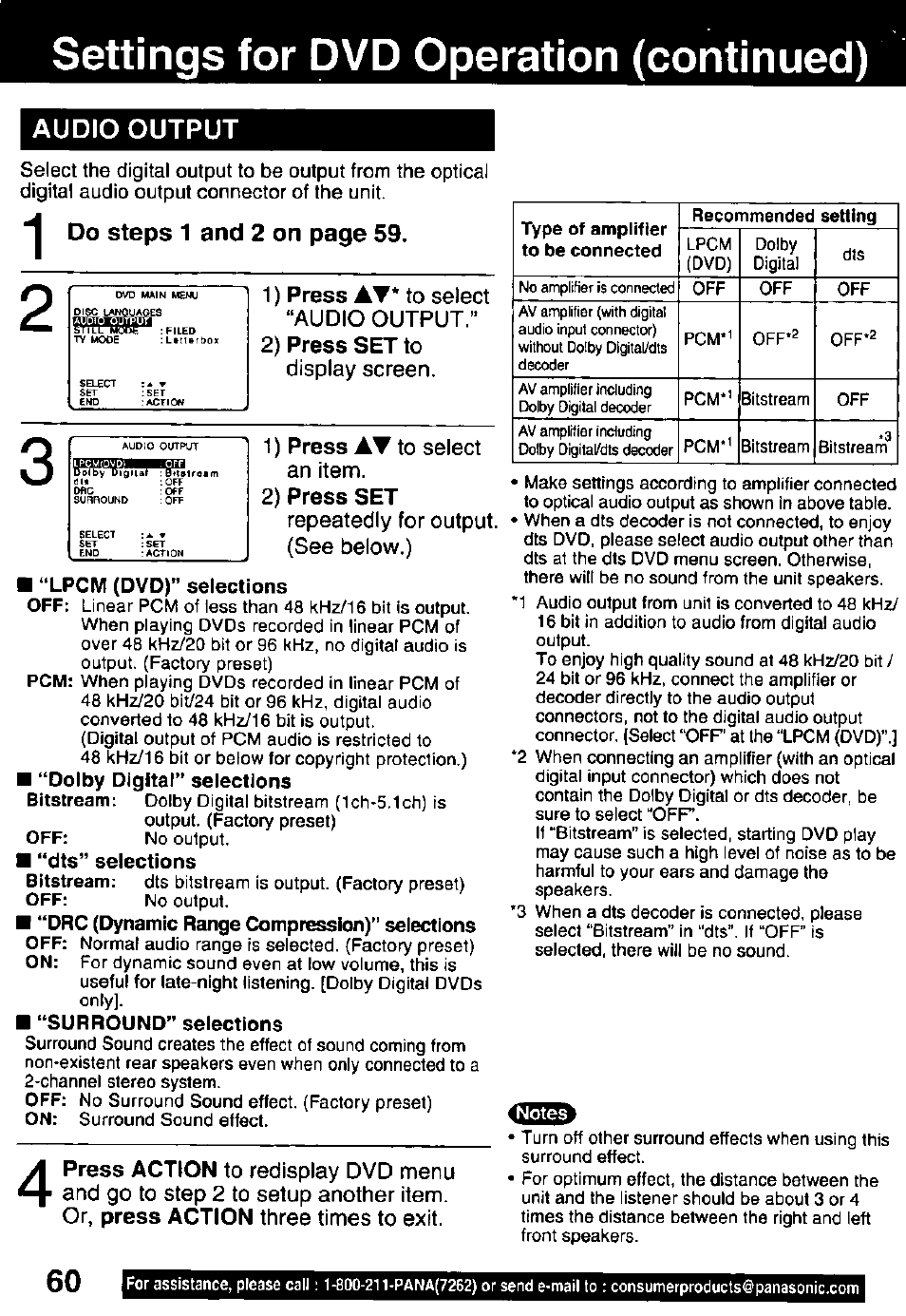 Settings for dvd operation (continued), Audio output, 1) press at* to select “audio output | 2) press set to, Display screen, 1) press at to select an item, 2) press set, Repeatedly for output. (see below.), Lpcm (dvd)” selections, Dolby digital” selections | Panasonic OMNIVISION PV-DM2791 User Manual | Page 60 / 80