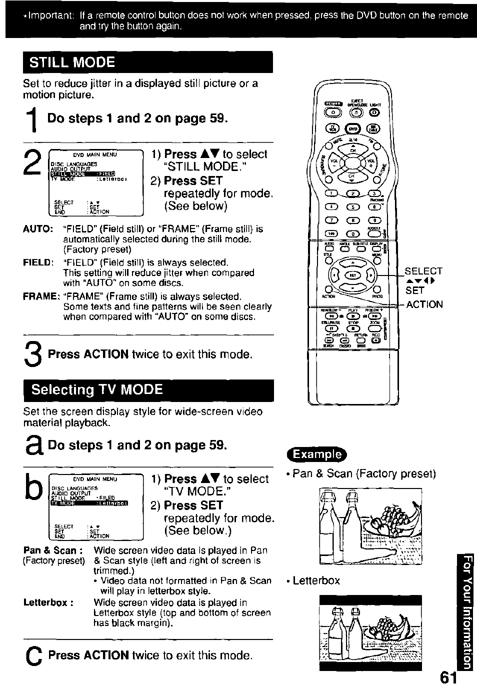 Still mode, 2) press set, Selecting tv mode | Isbhd, Do steps 1 and 2 on page 59 | Panasonic OMNIVISION PV-DM2791 User Manual | Page 61 / 80