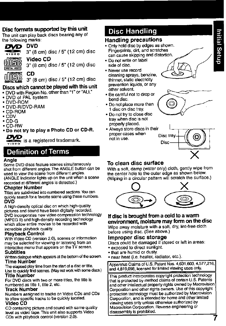 Disc formats supported by this unit, Video cd, Discs which cannot be piayed with this unit | Definition of terms, Angle, Chapter number, Playback control, Time number, Title number, Track number | Panasonic OMNIVISION PV-DM2791 User Manual | Page 7 / 80