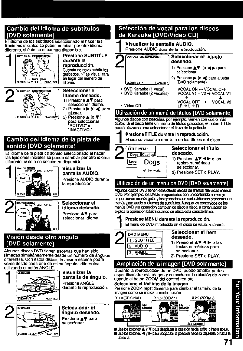 Cambio del idioma de subtítulos [dvd solamente, Visión desde otro ángulo [dvd solamente, Utilización de un menú de títulos [dvd solamente | Utilización de un menu de dvd [dvd solamente, Ampliación de la imagen [dvd solamente, Dogs | Panasonic OMNIVISION PV-DM2791 User Manual | Page 71 / 80