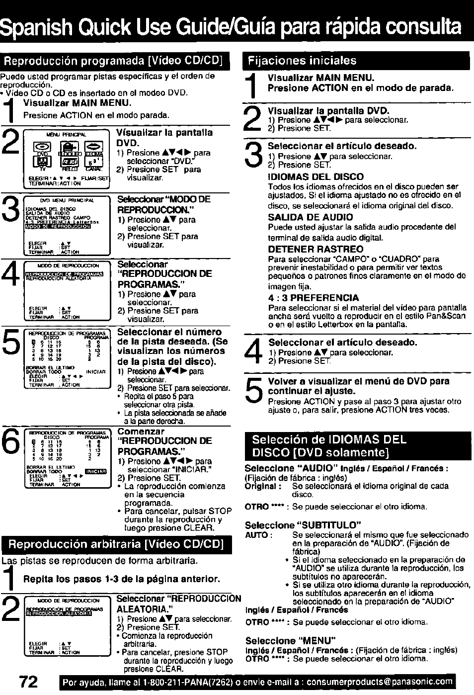 Reproducción arbitraria [vídeo cd/cd, Selección de idiomas del disco [dvd solamente, Spanish quick use guide/guia para rápida consulta | Panasonic OMNIVISION PV-DM2791 User Manual | Page 72 / 80