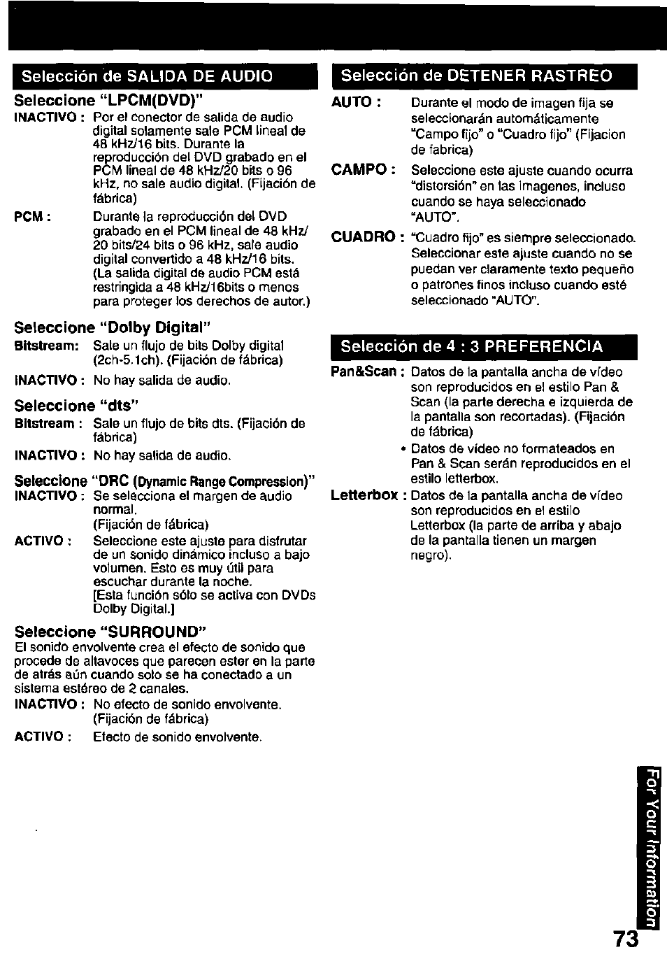 Selección de salida de audio seleccione “lpcm(dvd), Seleccione “dolby digital, Seleccione “dts | Seleccione “drc, Seleccione “surround, Selección de detener rastreo, Campo, Selección de 4 : 3 preferencia | Panasonic OMNIVISION PV-DM2791 User Manual | Page 73 / 80