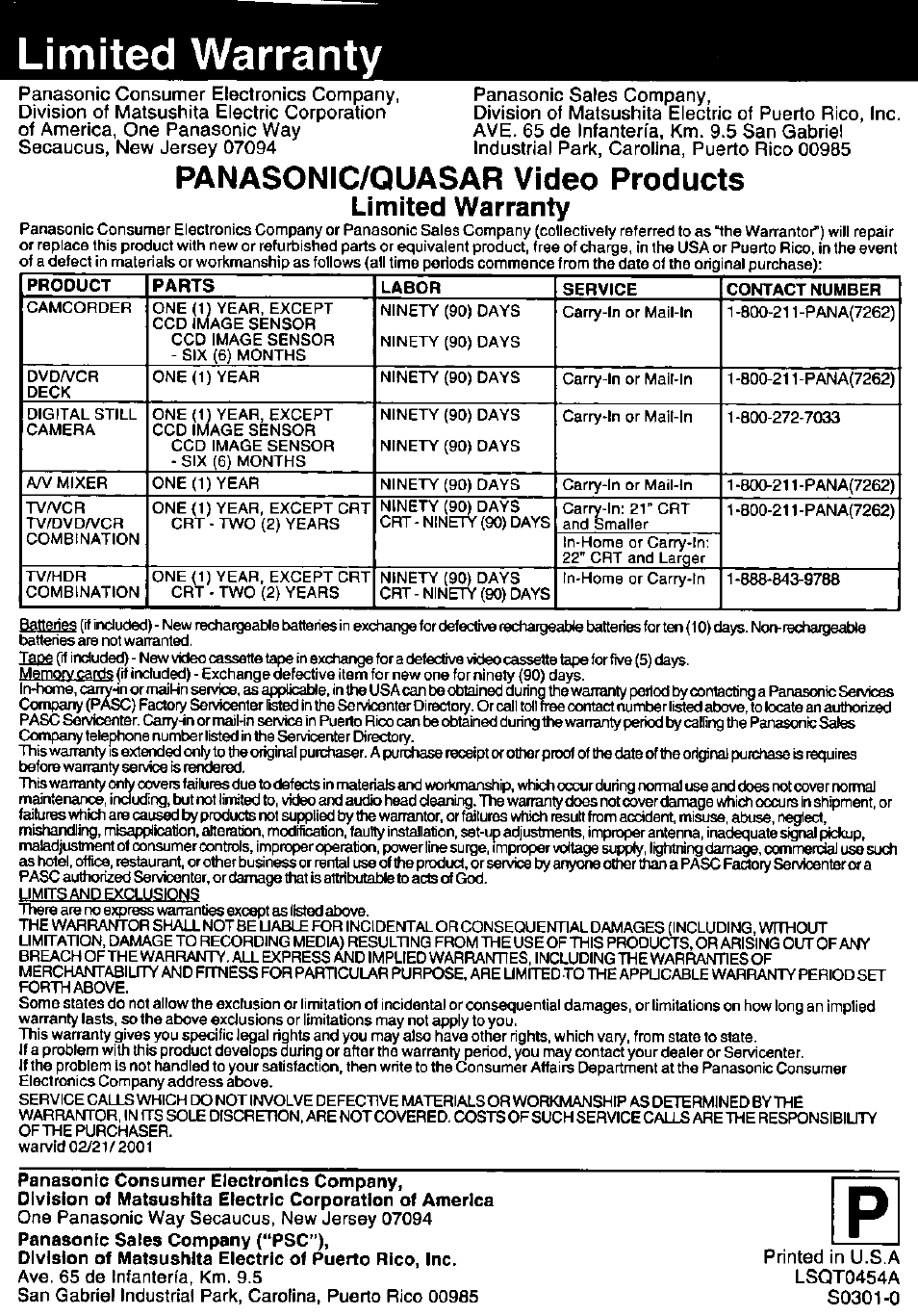 Limited warranty, Panasonic/quasar video products | Panasonic OMNIVISION PV-DM2791 User Manual | Page 80 / 80