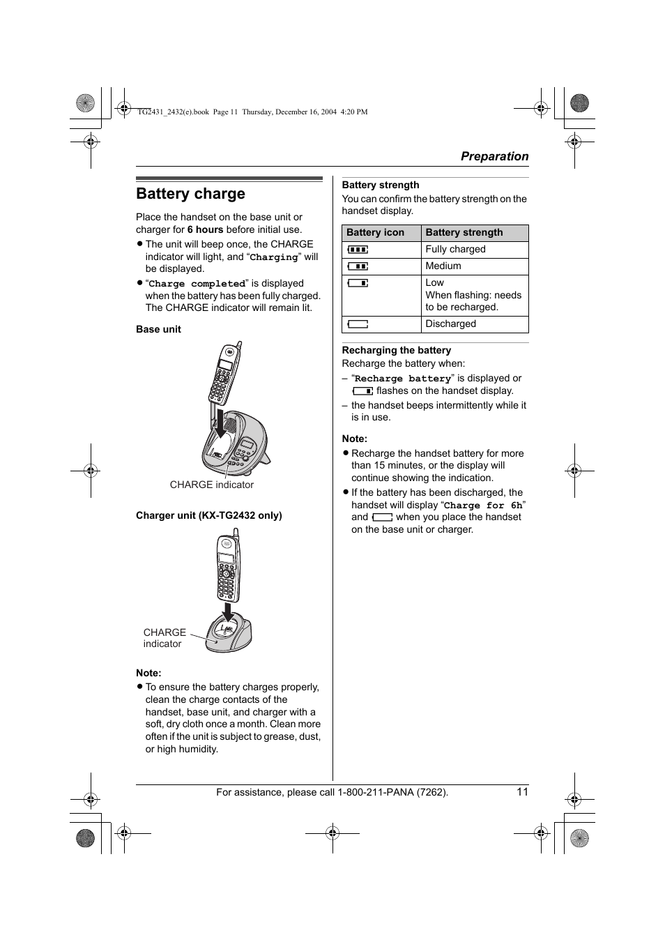Battery charge | Panasonic KX-TG2432 User Manual | Page 11 / 72