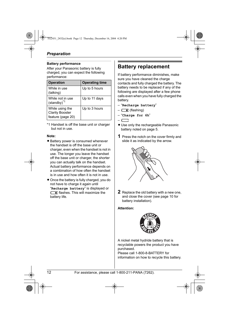 Battery replacement | Panasonic KX-TG2432 User Manual | Page 12 / 72