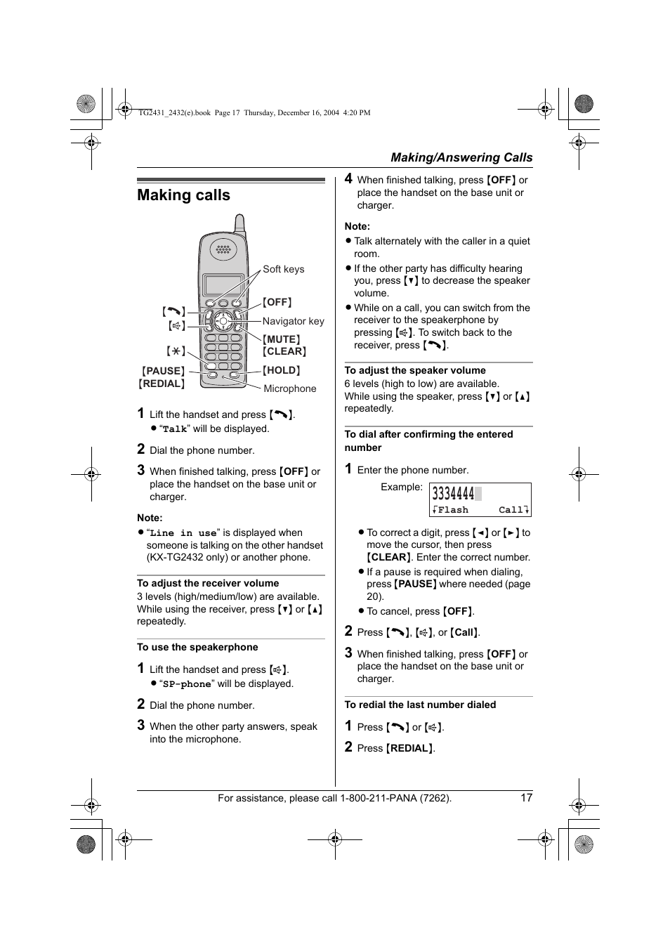 Making / answering calls, Making calls | Panasonic KX-TG2432 User Manual | Page 17 / 72