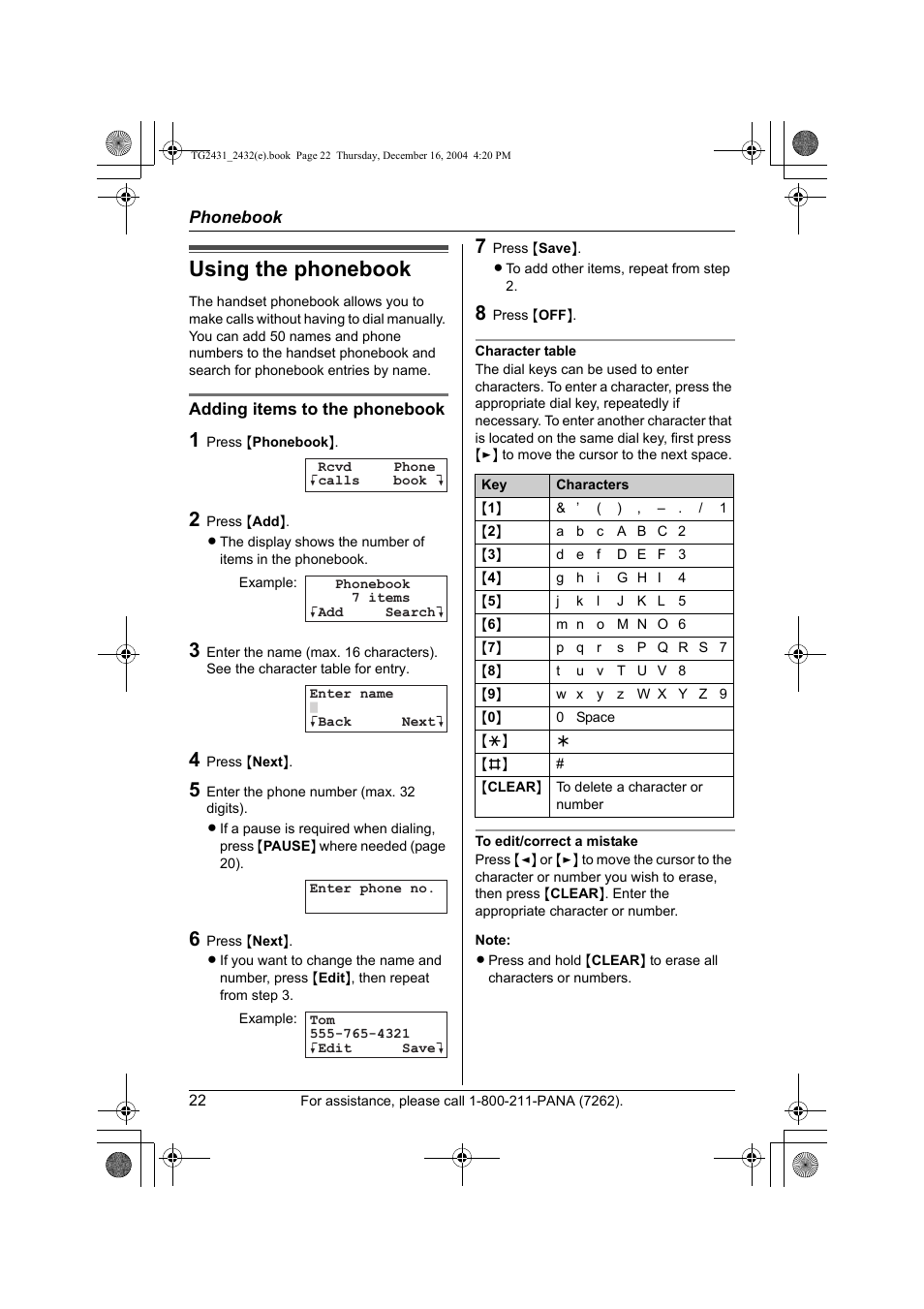 Phonebook, Using the phonebook | Panasonic KX-TG2432 User Manual | Page 22 / 72