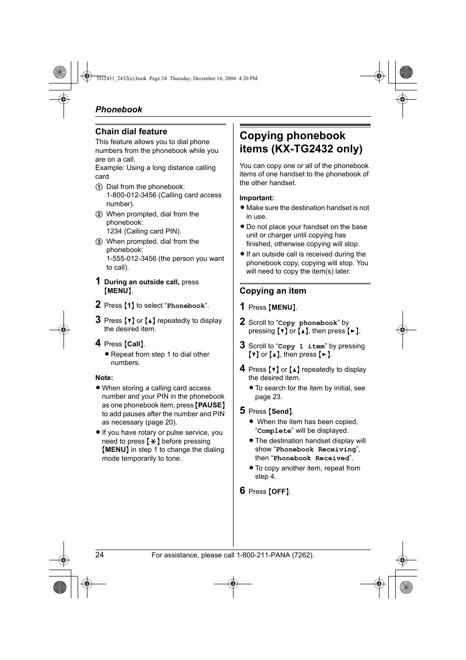 Copying phonebook items (kx-tg2432 only) | Panasonic KX-TG2432 User Manual | Page 24 / 72