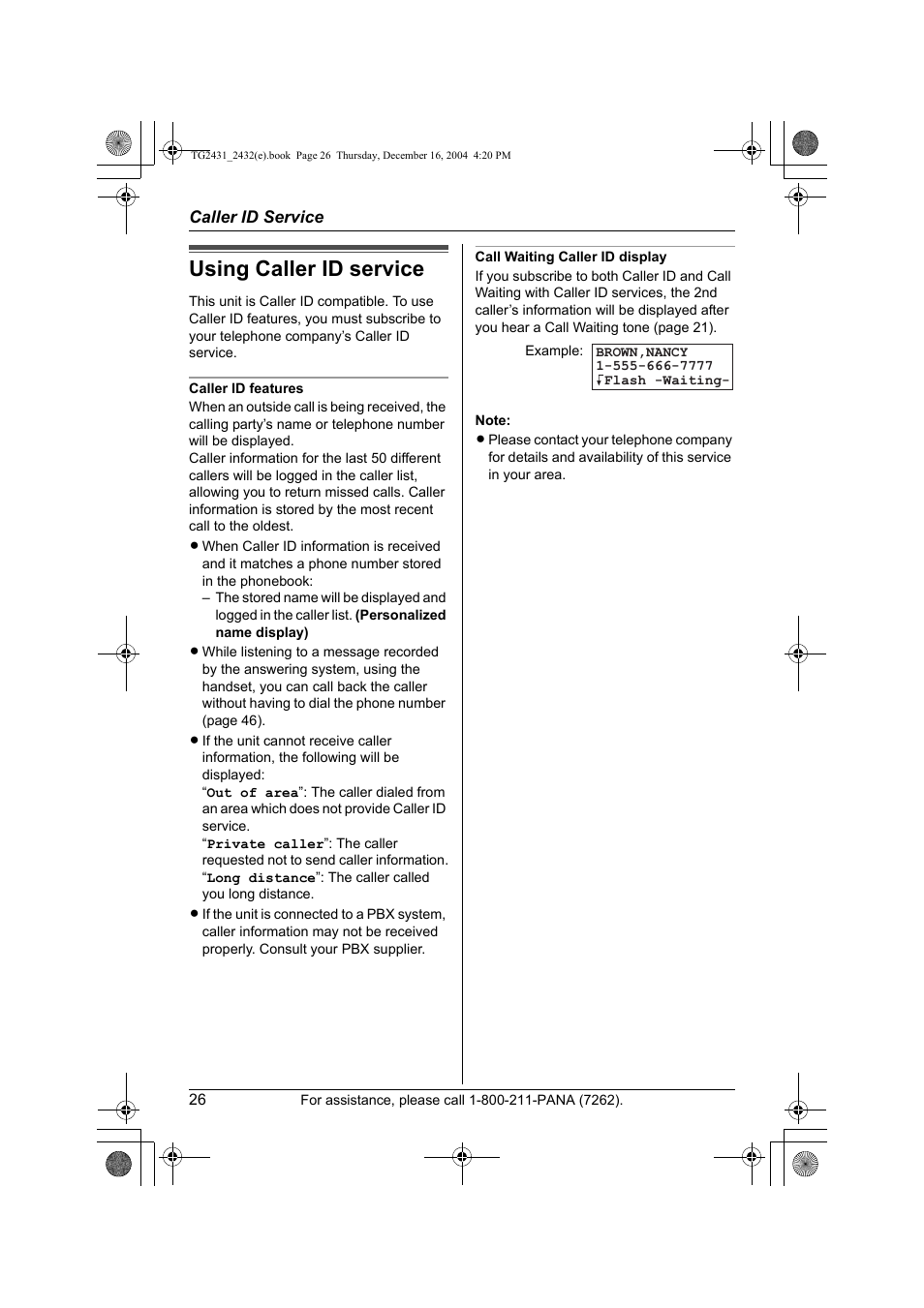 Caller id service, Using caller id service | Panasonic KX-TG2432 User Manual | Page 26 / 72